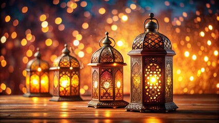 Wall Mural - Ramadan Lanterns: Intricate Arabesque Patterns & Warm Bokeh Lights - Festive Stock Photo