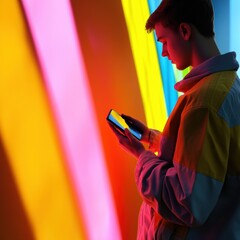Poster - Young person using smartphone against vibrant neon lights in a modern urban setting during evening hours. Generative AI