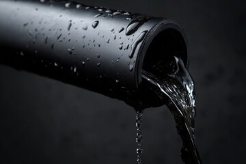 Poster - Water flowing from a black pipe against a dark background in a high contrast setting. Generative AI