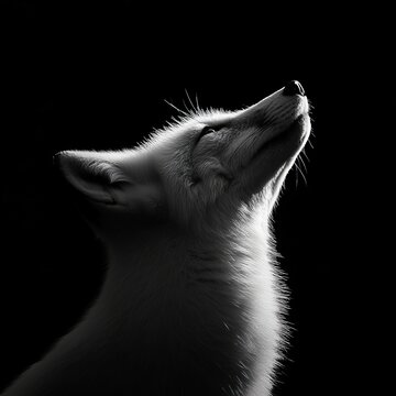 Majestic arctic fox silhouette in black and white, head tilted up, illuminated against dark background.