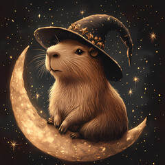 Capybara Witch on Crescent Moon