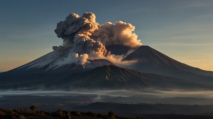 A volcanic eruption with smoke and ash rising against a mountainous landscape at sunrise.