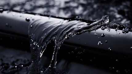 Poster - Water cascading over a pipe in a black and white setting, creating dynamic motion and texture in nature. Generative AI