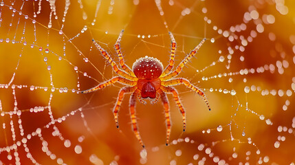 A vibrant red spider sits patiently in its dew-kissed web, a stunning autumnal backdrop enhancing its beauty.