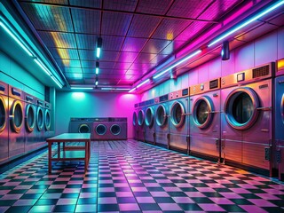 Wall Mural - Retro Amsterdam Laundromat: Vaporwave Aesthetic Stock Photo