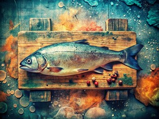 Wall Mural - Retro Fish Market: Double Exposure of Fresh Catch on Chopping Board