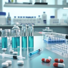 Aufkleber - Laboratory setup with vials, syringes, and medication during a scientific research project. Generative AI