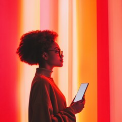 Poster - Profile of a woman holding a tablet under vibrant glowing lights in a modern space during an artistic event. Generative AI