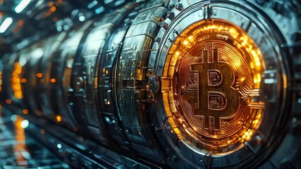 Poster - Virtual cryptocurrency vault with glowing Bitcoin symbols in a high-tech industrial environment, glowing in vivid orange and metallic hues