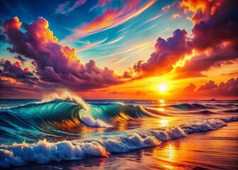 Wall Mural - Retro Wave Ocean Sunset: Surreal Coastal Photography