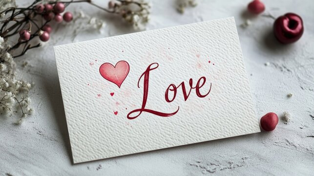 A hand-drawn Valentine's Day card with a calligraphy-style Love and a heart, placed on a simple textured surface with room for messaging.