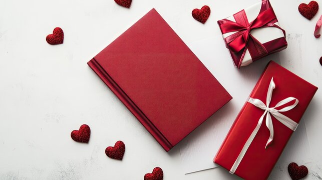 A handmade Valentine's Day photo album with decorative hearts and a ribbon, lying next to a wrapped gift, with room for personalized text.