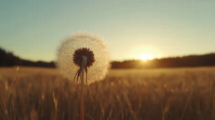 Poster - Dandelion seed head glowing in the golden sunset over a tranquil field. Generative AI