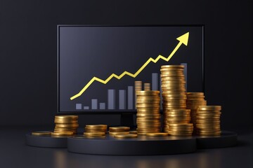 Poster - Stacked gold coins with graph showing upward trend on screen, dark background.