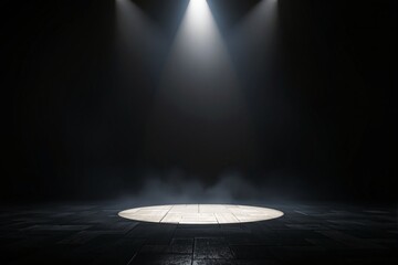 Poster - Spotlight illuminating wooden stage floor on dark smoky background.