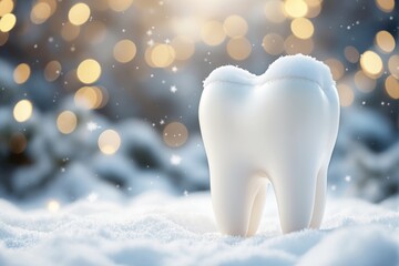 Poster - Tooth covered in snowflakes on a snowy surface with glowing lights in the background.