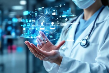Aufkleber - Doctor presenting futuristic medical technology interface in hands on abstract background.