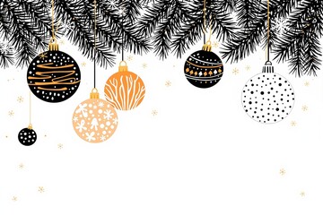 Poster - Christmas ornaments with pine branches in elegant black, orange, and white design.