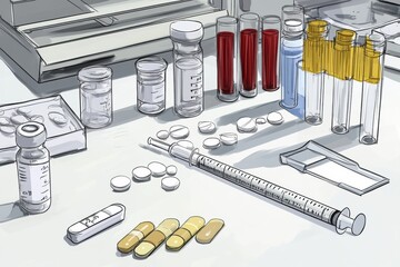 Aufkleber - Colorful arrangement of various medical vials and syringes on a laboratory table with pills scattered around. Generative AI