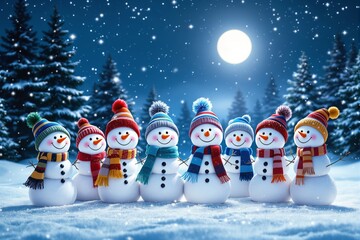 Poster - Cheerful snowmen with colorful scarves and hats in a snowy forest under the moonlight.
