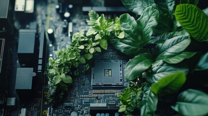 Poster - Technology and Nature: A motherboard overgrown with green plants concept image of future