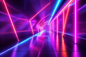 Wall Mural - neon-lit futuristic corridor with vibrant pink, blue, and purple lights on reflective surfaces creat