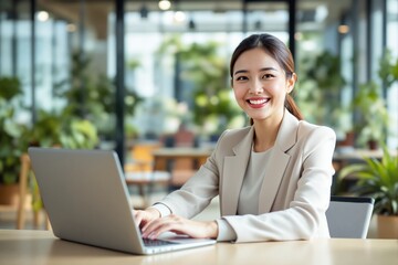 Poster - Woman smiling at laptop in modern office setting, surrounded by greenery.