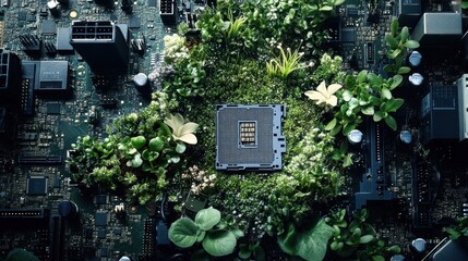 Poster - Nature reclaiming technology, lush greenery growing on circuit board with CPU socket and components