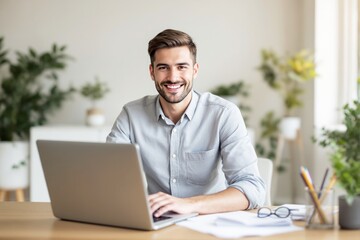 Poster - Smiling businessman working on laptop in bright office environment with natural background.