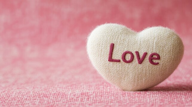 A Valentine's Day card with bold typography spelling out Love and a heart graphic, lying on a soft pink fabric background with room for text.