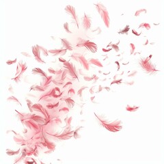 Poster - soft pink feathers gently floating on a white background, creating a serene and romantic atmosphere
