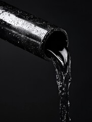 Poster - Water flowing from a black pipe against a dark background showcasing textures and reflections. Generative AI