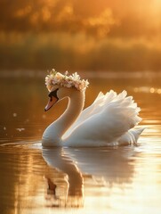 Poster - Elegant swan adorned with flower crown gracefully swimming in golden sunset light. Generative AI
