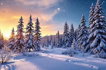Poster - Snow-covered forest with tall evergreen trees under a vibrant sunset sky.