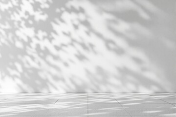 Poster - Minimalist white wall with soft abstract shadow patterns and tiled floor. Perfect for clean background and product presentation concepts.