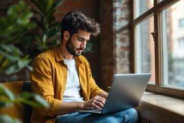 Wall Mural - Man working on laptop in cozy indoor workspace with natural light and greenery.