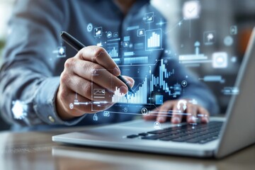Aufkleber - Businessman analyzing digital data graphs on futuristic interface with a pen over a laptop in a modern workspace.