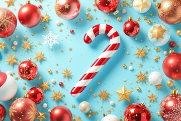 Poster - Festive Christmas candy cane with red and gold ornaments on light blue background.