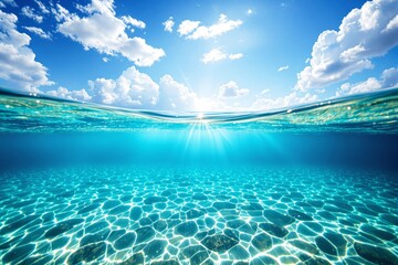 Aufkleber - Stunning underwater view with sunlit ocean surface and clear sky above.