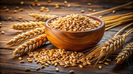 Poster - Rustic Wheat Harvest: Grains in Wooden Bowl & Heap on Table