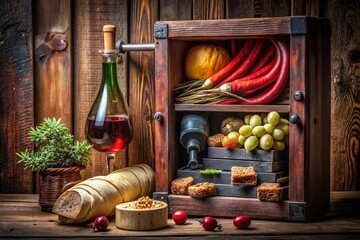 Canvas Print - Rustic Wooden Fire Hose Box with Gourmet Food Photography Still Life