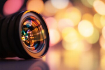 Poster - Close-up of a photography lens with vibrant bokeh lights in the background.