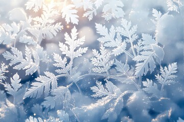 Poster - Frosted leaves with soft glowing light and sparkling snowflakes on a dreamy winter background.