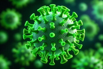 Aufkleber - Close-up of a green microscopic virus structure with detailed surface texture on a dark blurred background.