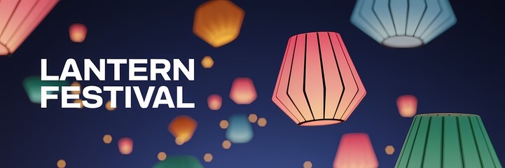 A dark theme 3D render of a creative minimalist lantern festival poster design. The poster has the text 