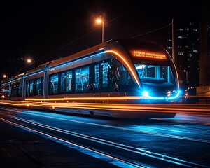 Poster - Modern light rail transit speeding at night.