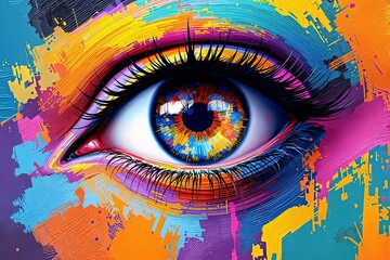 Poster - Abstract colorful eye illustration with vibrant brushstrokes.