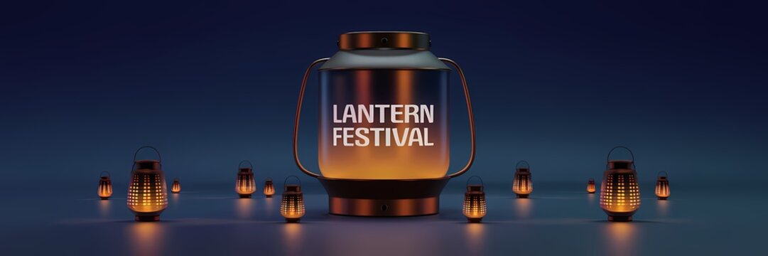 A minimalist 3D render of a lantern festival poster with a dark theme. The main design element is a large, glowing lantern with the text 