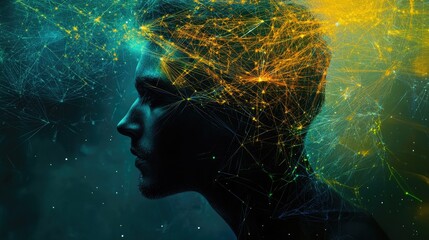 Poster - futuristic intelligence concept with a digital brain glowing amid a web of connections and neon colo