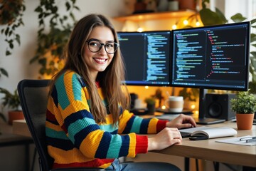 Poster - Young woman coding at desk with dual monitors, vibrant sweater, cozy workspace, plants, and warm light background.